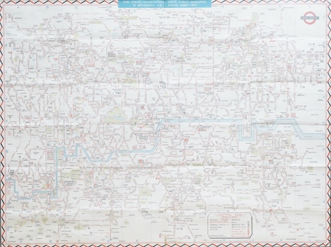 A 1946 London Transport Central Bus Route pocket map, 44 x 58cm, now framed